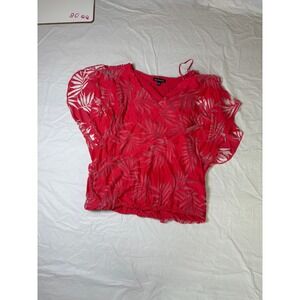 Cha Cha Vente Women's Red Tropical Leaf Print V Neck Sheer Sleeve Size Small